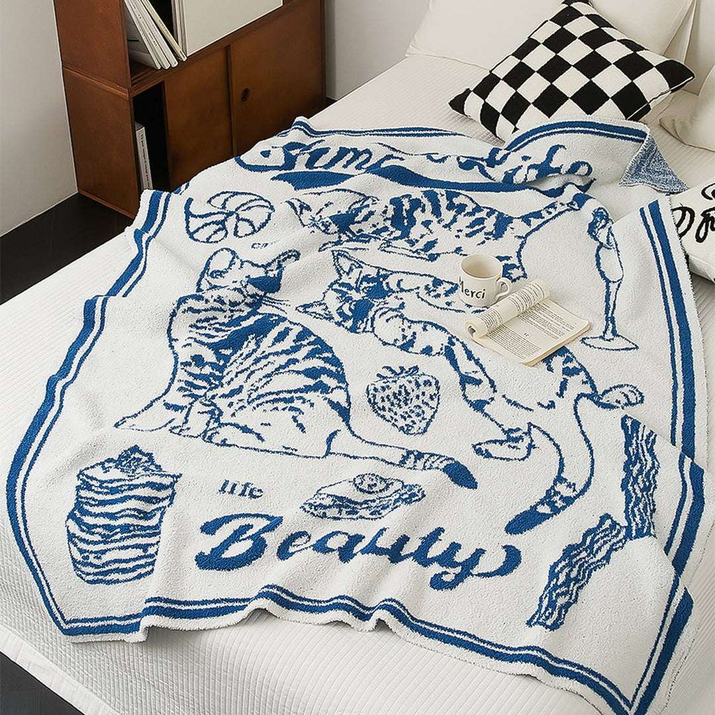 SOGA 2X Off-White Cat Print Throw Blanket 130x160cm Polyester $ 280
