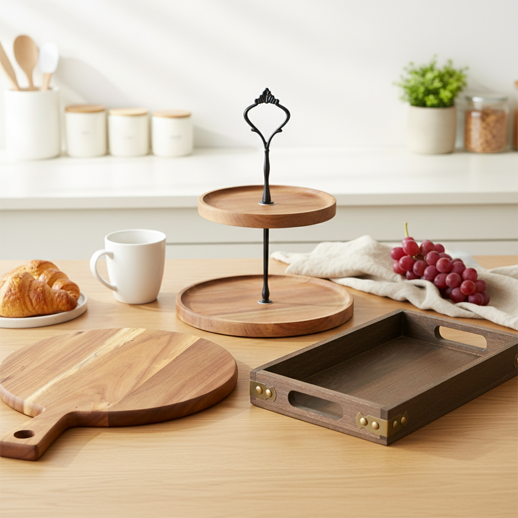 SOGA Kitchenware Bundle – Wooden Dessert Stand, Serving Tray & Premium Acacia Cutting Board