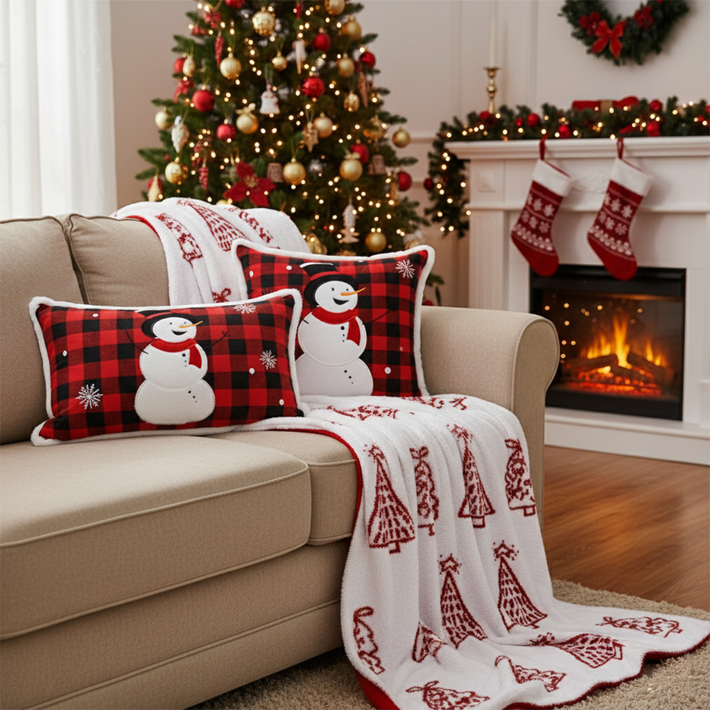 SOGA Christmas Bundle – Red Christmas Tree Fleece Throw & Red Snowman Holiday Pillows $ 200