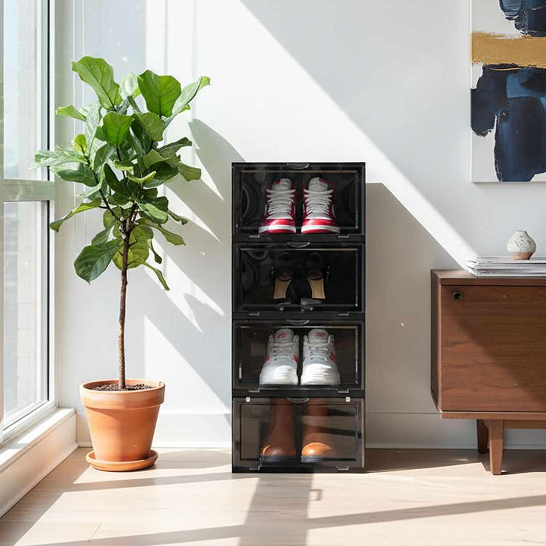 SOGA 4 Tier Black Portable Shoe Organiser Sneaker Footwear Folding Plastic Bin Stackable Storage Box with Magnetic Door