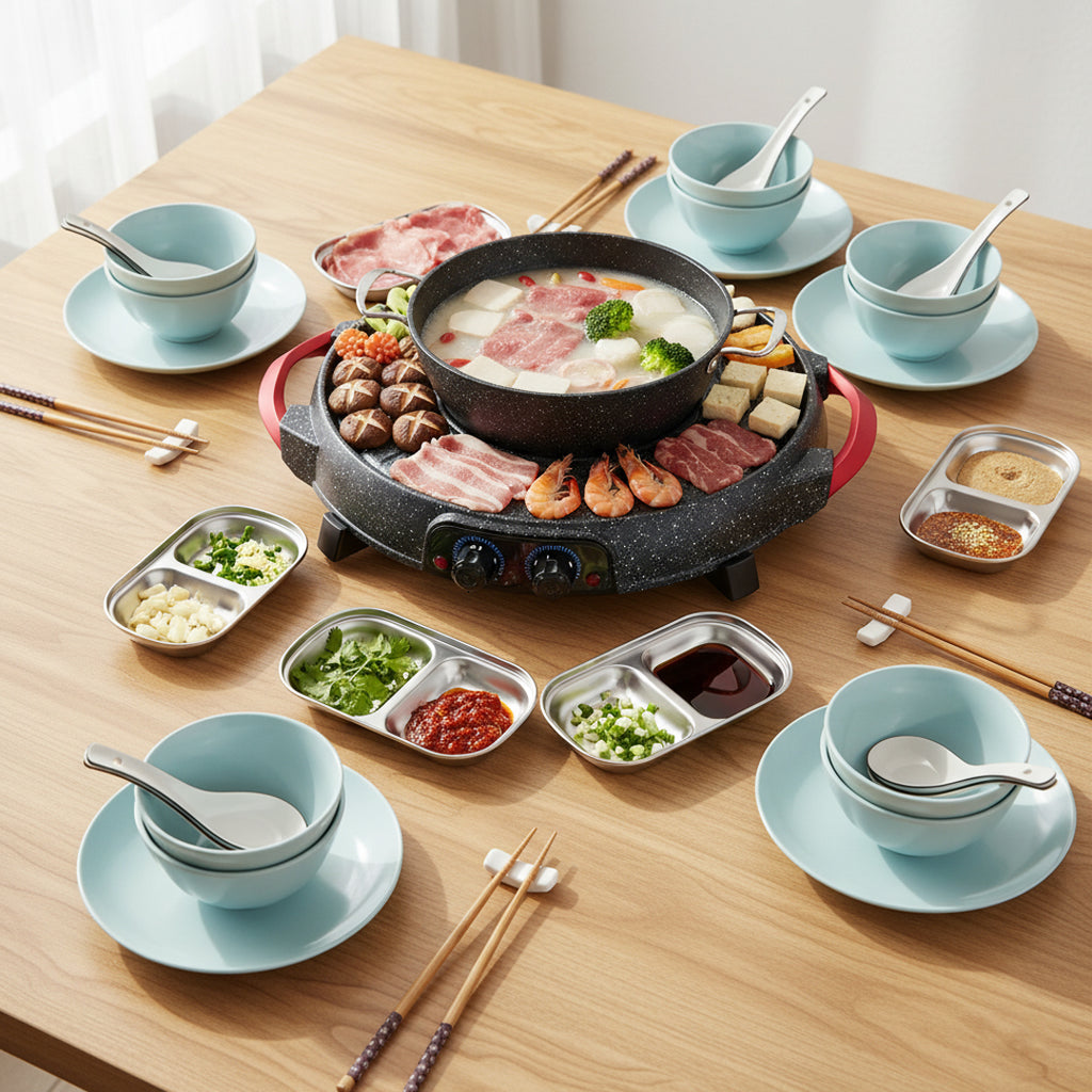 SOGA Kitchenware Bundle – 2-in-1 Electric Teppanyaki Grill, Light Blue Ceramic Dinnerware & Silver Sauce Pan