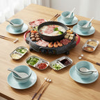 SOGA Kitchenware Bundle – 2-in-1 Electric Teppanyaki Grill, Light Blue Ceramic Dinnerware & Silver Sauce Pan