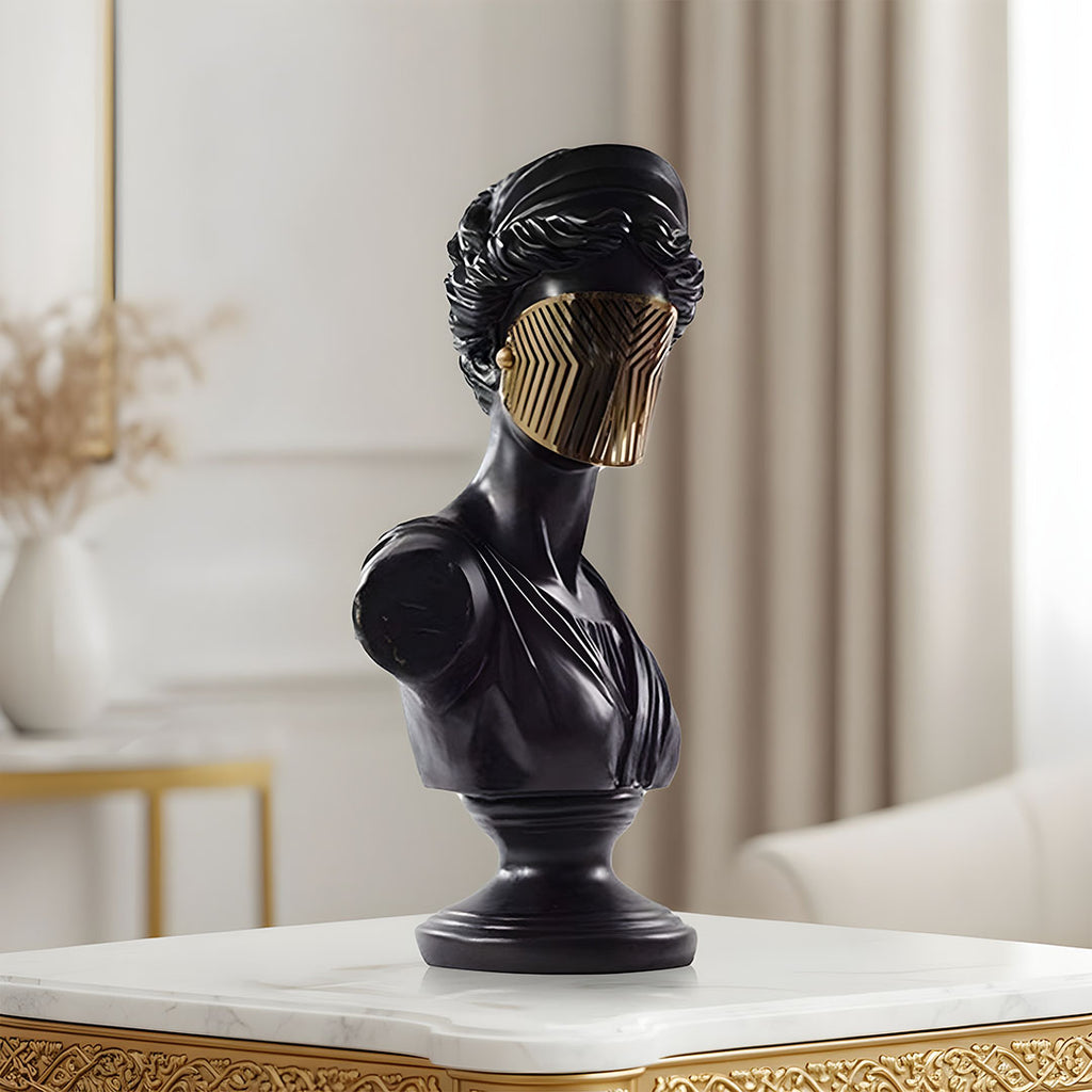 SOGA 40cm Black Resin Bust – Gold Striped Mask Home Sculpture