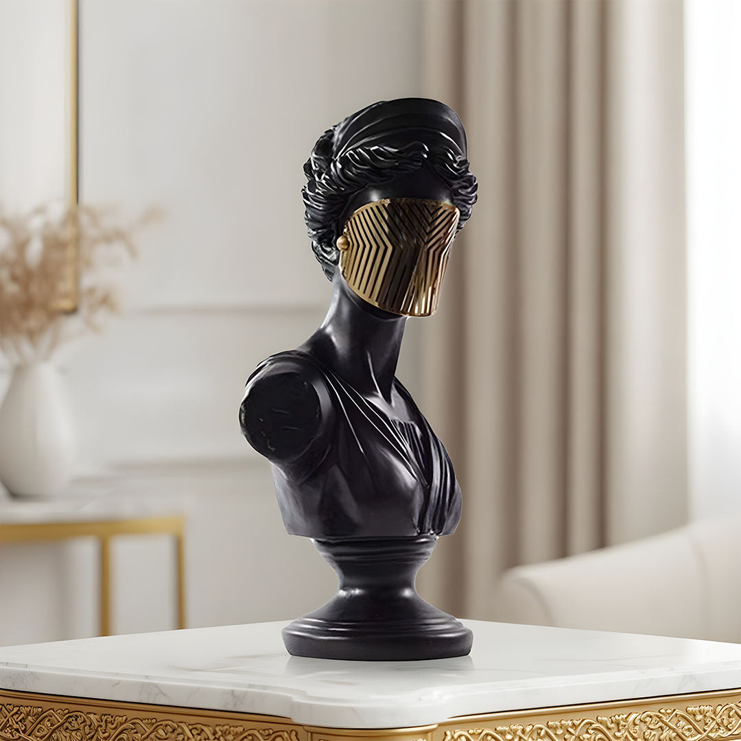 SOGA 40cm Black Resin Bust – Gold Striped Mask Home Sculpture