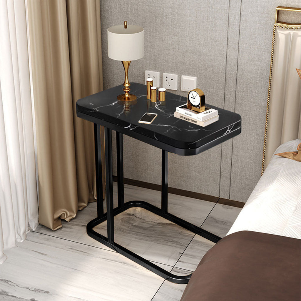SOGA 2X 30x50cm Black Stone-Patterned Side Table with Black Metal Legs