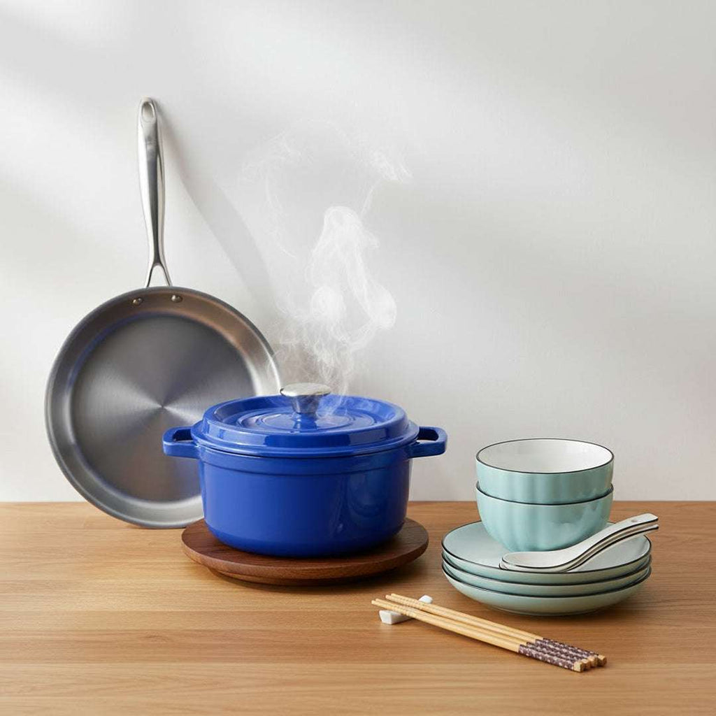 SOGA Kitchenware Bundle – Blue Enamel Stewpot, Stainless Steel Fry Pan & Ceramic Dinnerware Set $ 229