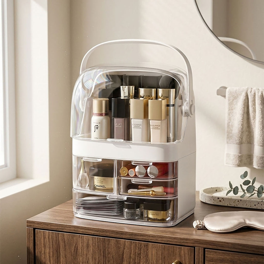 SOGA 2X 3 Tier White Countertop Makeup Cosmetic Storage Organiser Skincare Holder Jewelry Storage Box with Handle