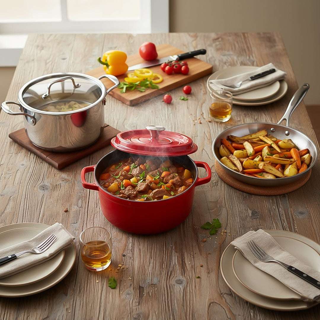 SOGA Kitchenware Bundle – Red Enamel Stewpot, Stainless Steel Fry Pan & Soup Stockpot $ 282