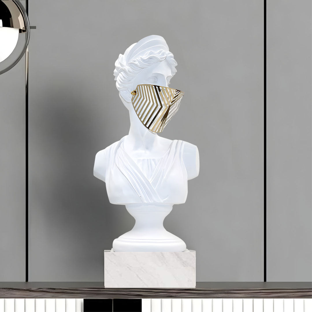 SOGA 45cm White Resin Bust – Gold Striped Mask Sculpture
