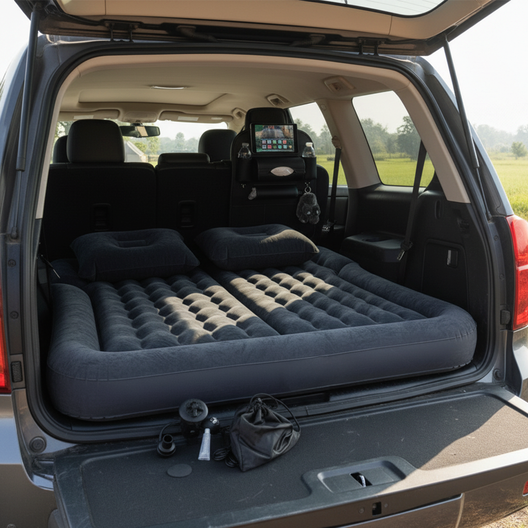SOGA Car Bundle F – Black Back Seat Storage Organizer & Portable Inflatable Boot Mattress