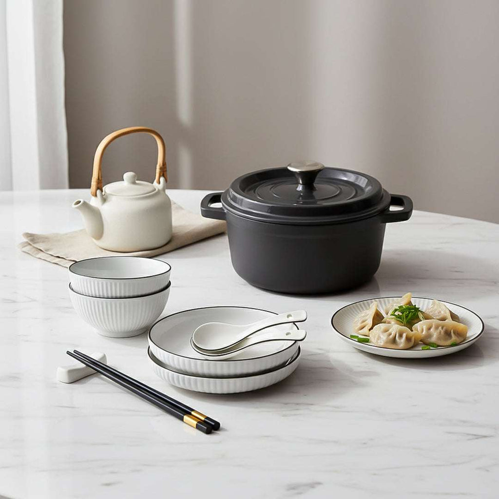 SOGA Kitchenware Bundle – White Japanese Ceramic Dinnerware Set & Black Cast Iron Stewpot $ 140