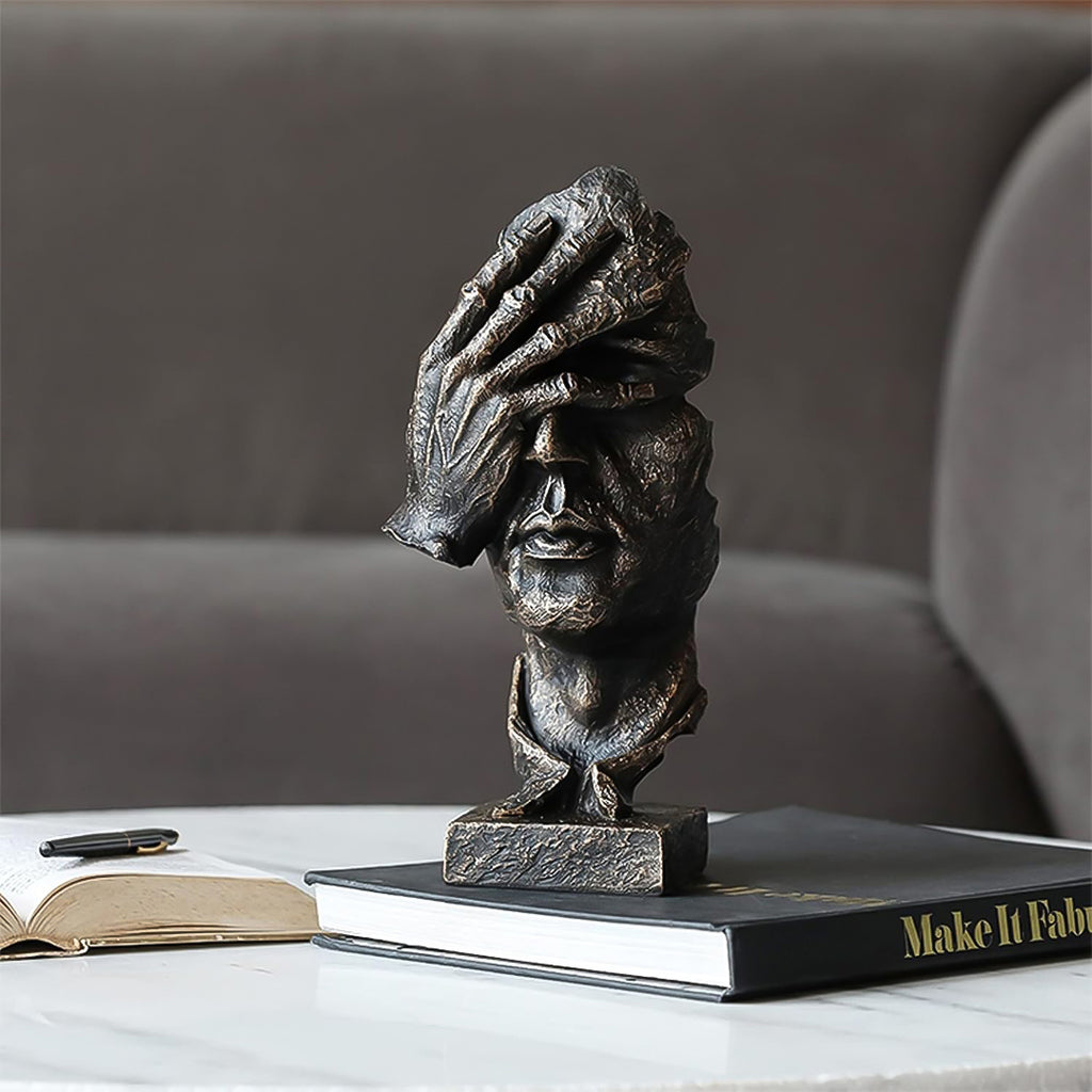 SOGA 30cm Bronze Resin Face Sculpture – Abstract Thoughtful Head Decor