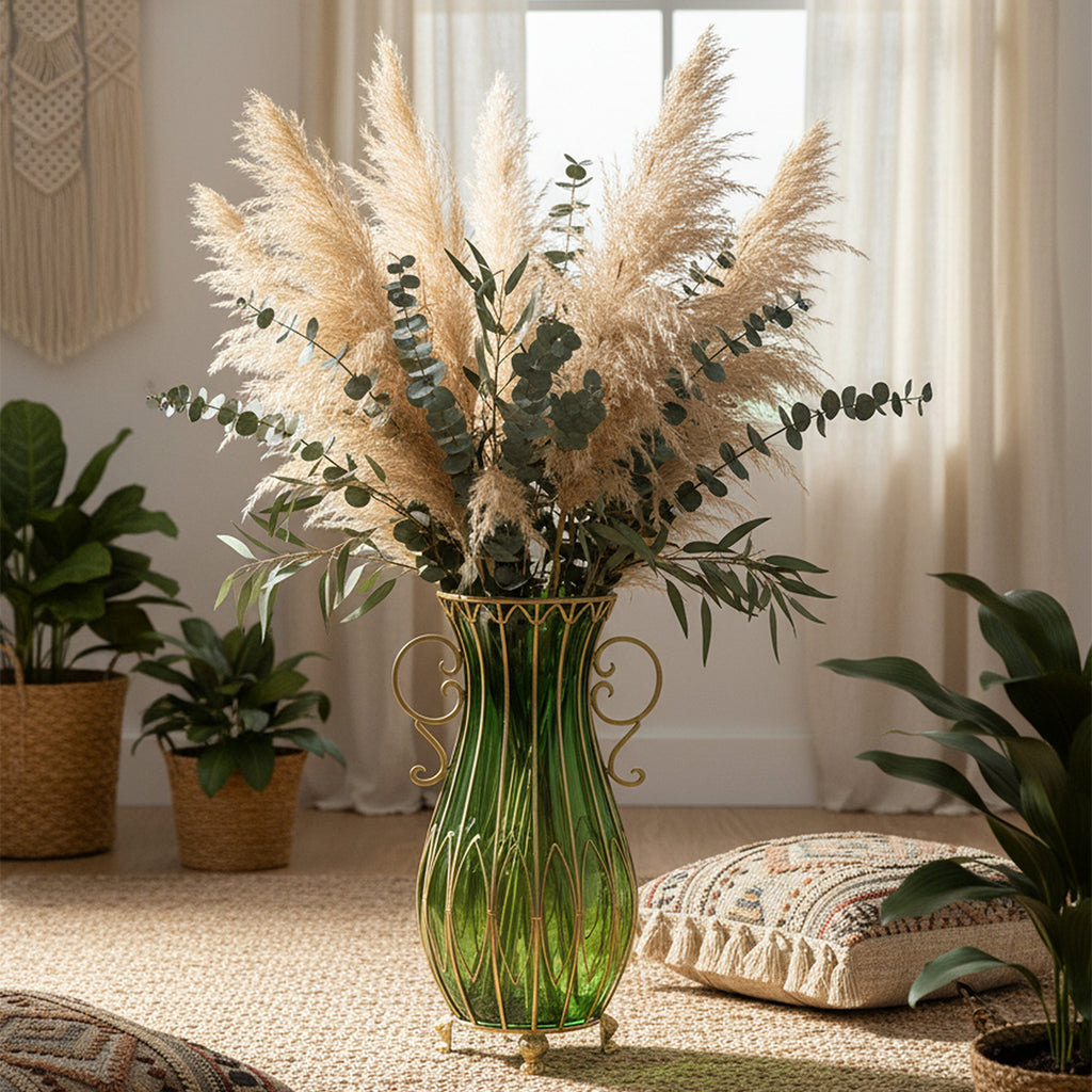 SOGA 51cm Green Glass Oval Floor Vase with Metal Flower Stand