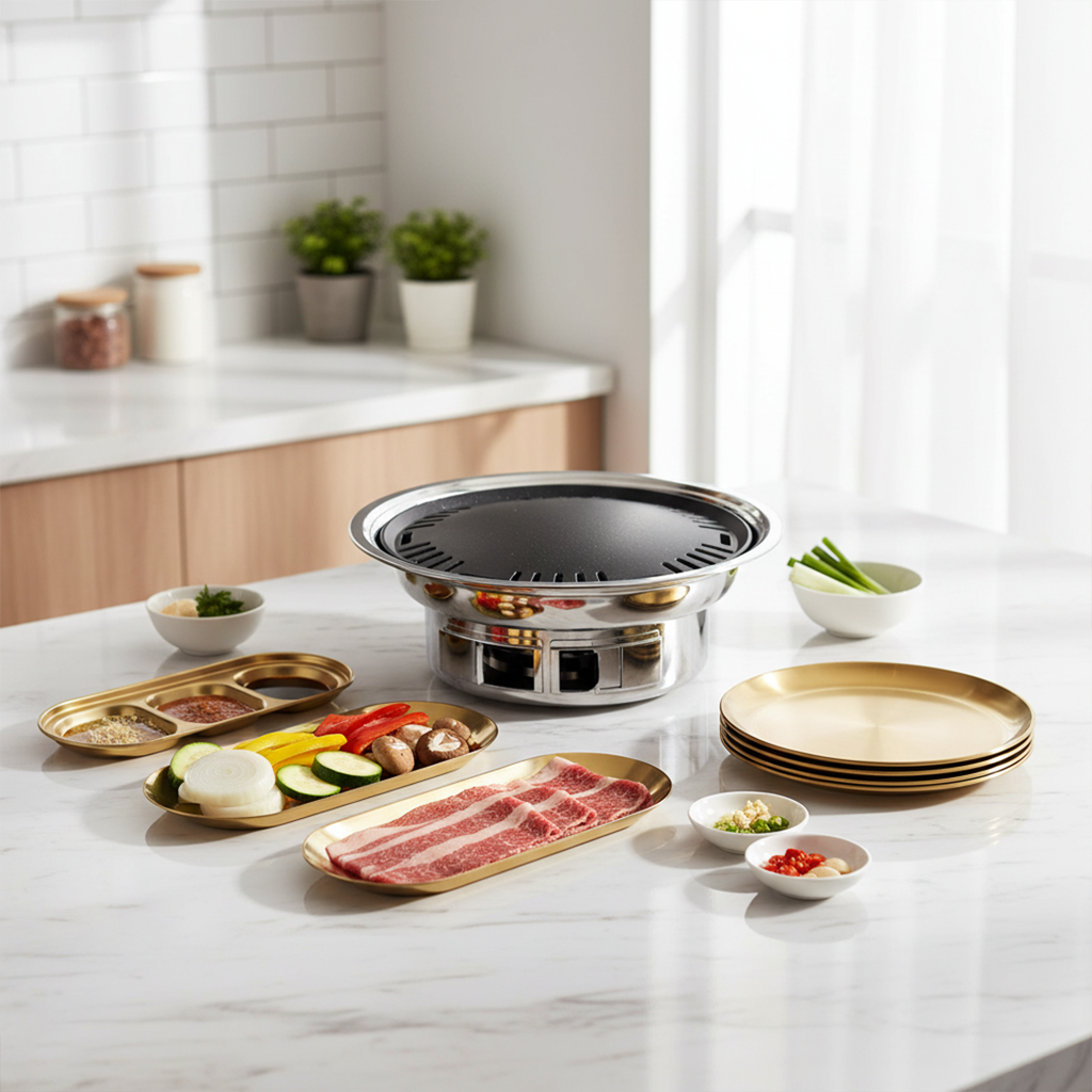 SOGA Kitchenware Bundle – Gold Nordic Plate Set, 23cm Grilling Plate & Portable Charcoal BBQ Grill $ 168