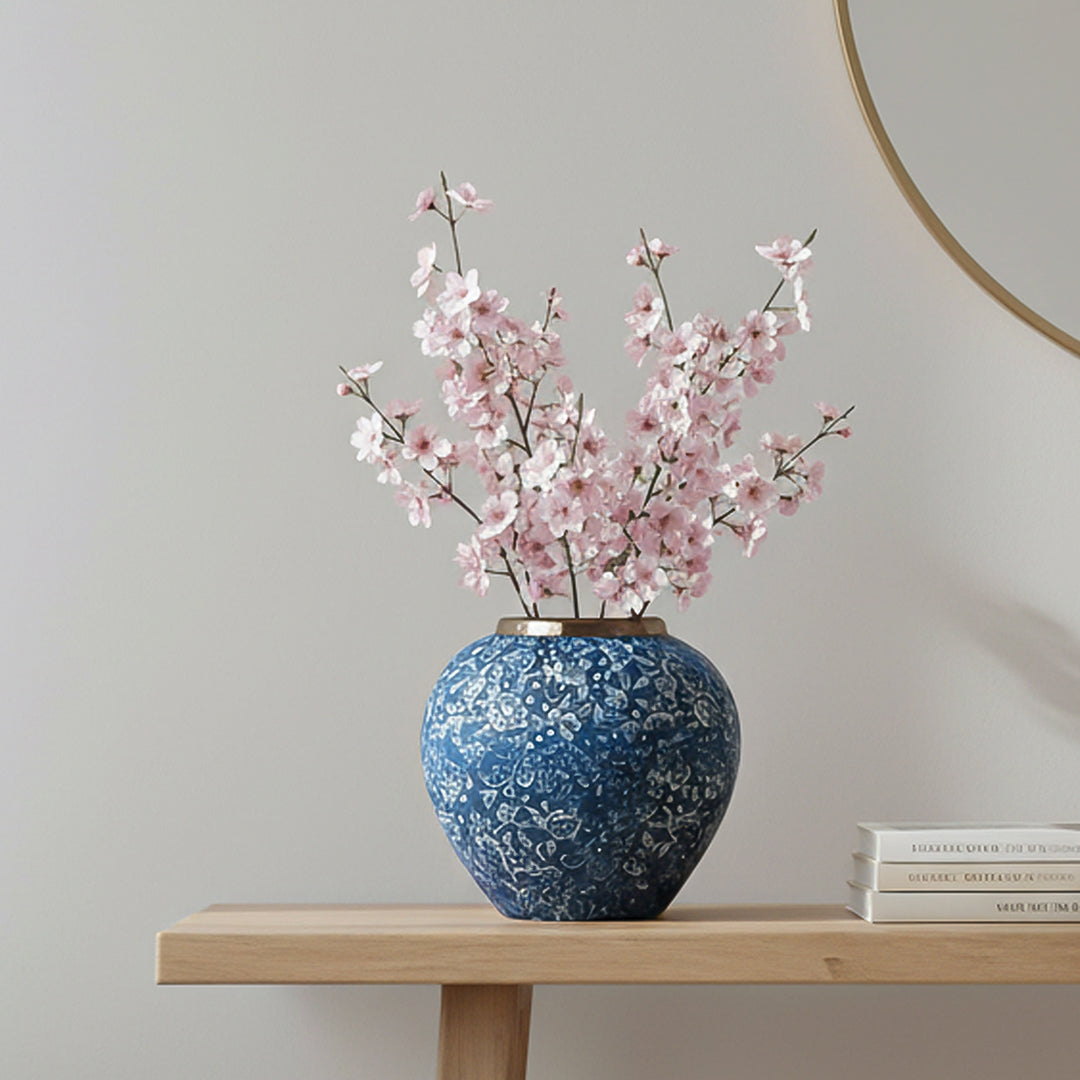 SOGA 21x22cm Blue with White Mini Floral Small Ceramic Flower Vase Elegant Living Room Home Decor