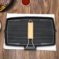 SOGA 2X 20.5cm Rectangular Cast Iron Griddle Grill Frying Pan with Folding Wooden Handle