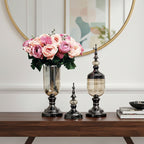 SOGA 2 x Clear Glass Flower Vase with Lid and Pink Flower Filler Vase Black Set
