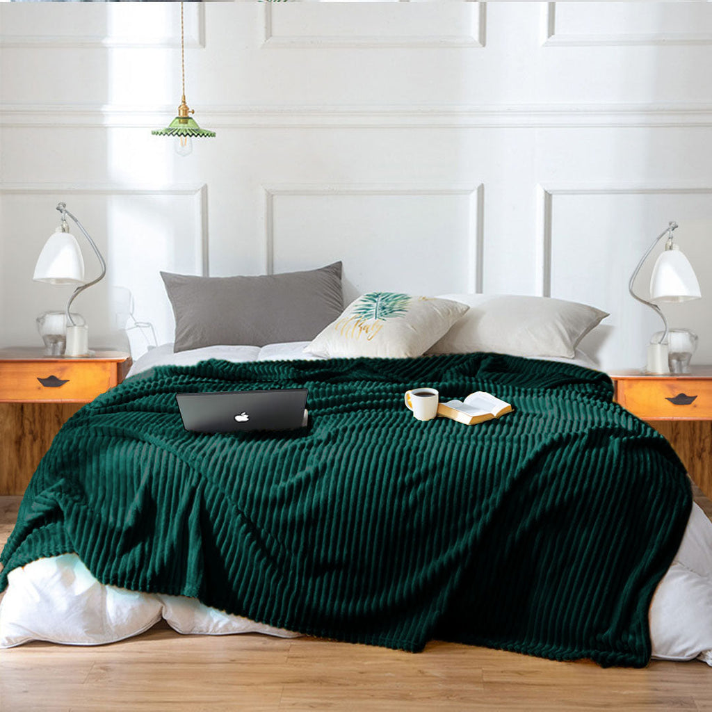 SOGA 2X Dark Green Throw Blanket Warm Cozy Striped Pattern Thin Flannel Coverlet Fleece Bed Sofa Comforter