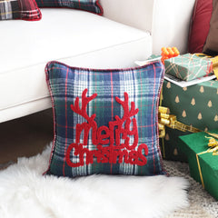 SOGA 45cm Throw Pillow Multicolor Christmas Plaid with Antler Design for Festive Holiday Square Cushion Home Decor