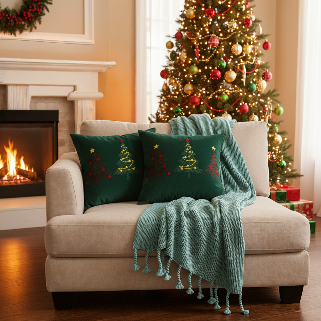 SOGA Christmas Bundle – 2 Green Embroidered Christmas Tree Pillow & Tassel Fringe Knitted Blanket $ 206
