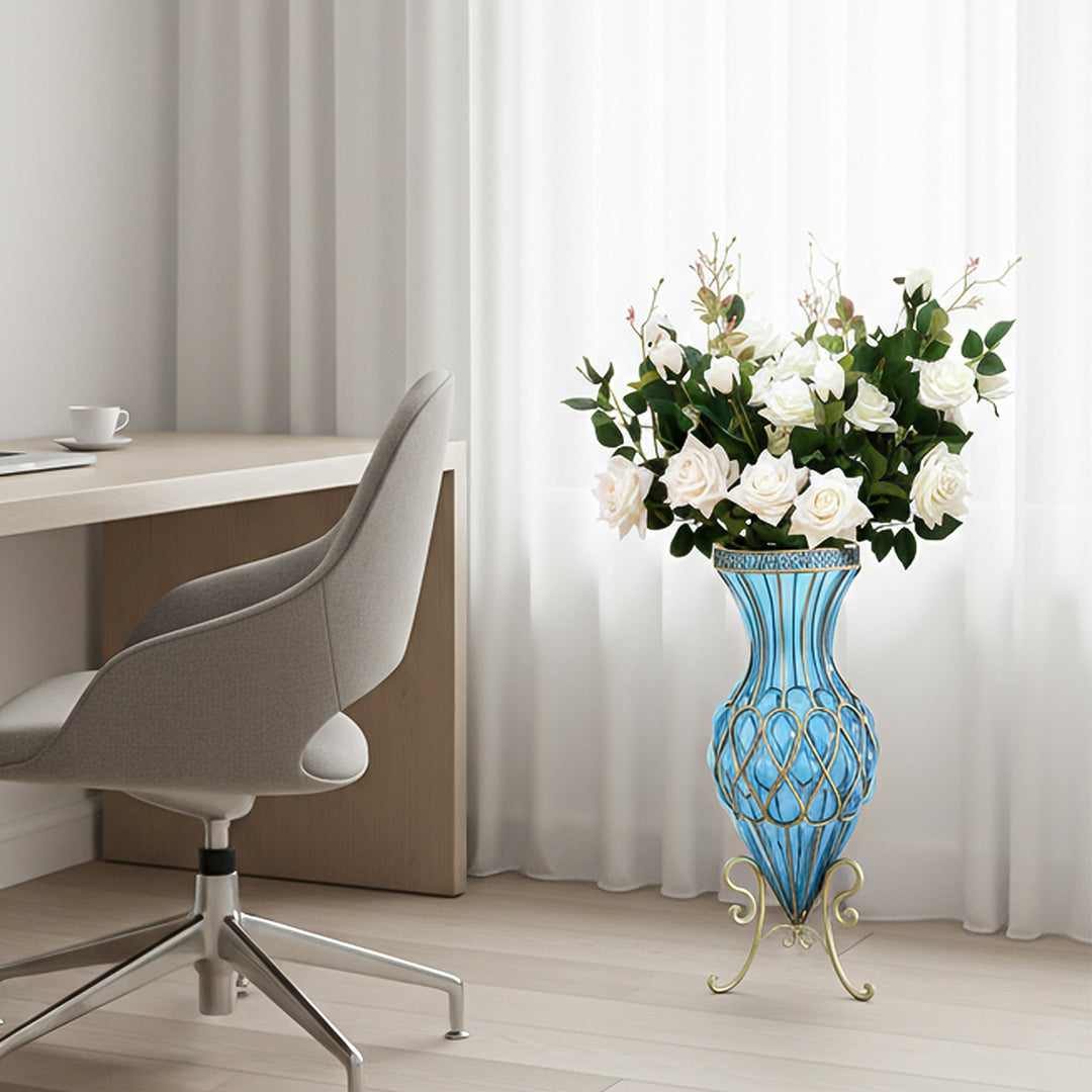 SOGA 67cm Blue Glass Tall Floor Vase and 12pcs White Artificial Fake Flower Set