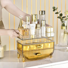 SOGA 2 Tier Golden Yellow Multifunctional Countertop Cosmetic Storage Makeup Skincare Holder Jewelry Cabinet Bathroom Desk Drawer Vanity Organiser