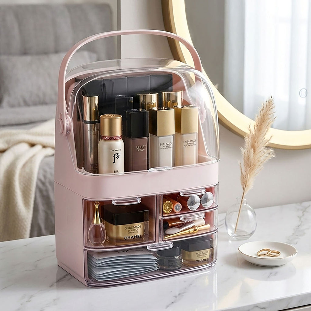 SOGA 3 Tier Pink Countertop Makeup Cosmetic Storage Organizer Skincare Holder Jewelry Storage Box with Handle