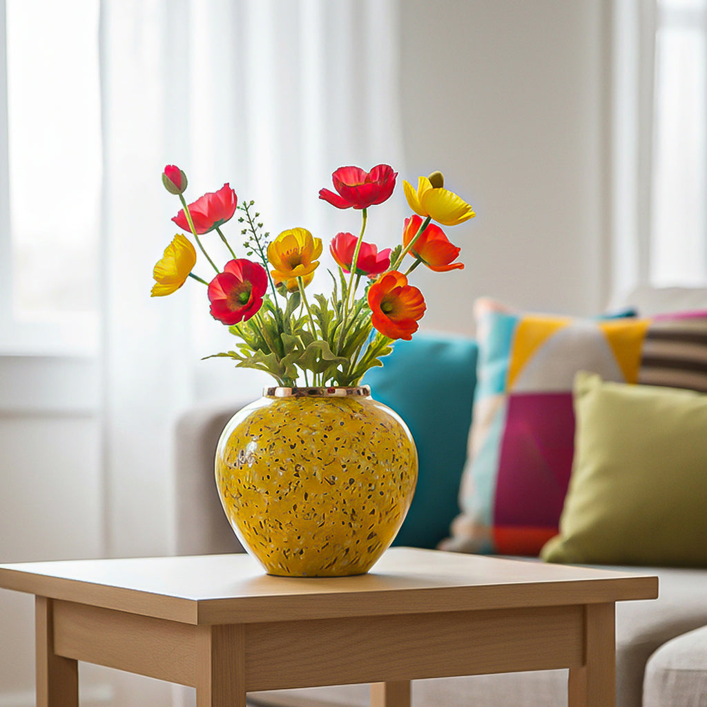 SOGA 21x22cm Yellow with White Mini Floral Small Ceramic Flower Vase Elegant Living Room Home Decor