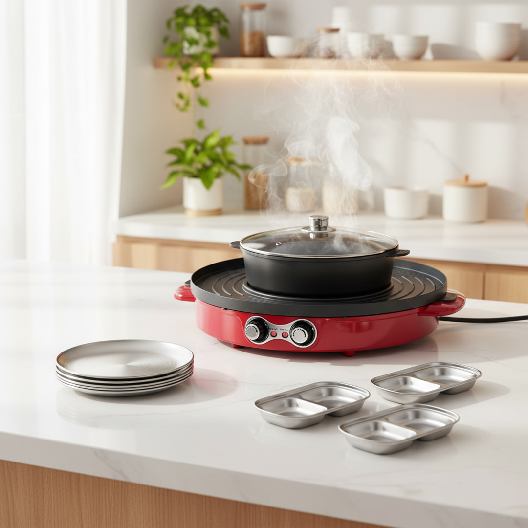 SOGA Kitchenware Bundle – 2-in-1 Electric Hot Pot BBQ Grill with Silver Grilling Plate & Sauce Pan $ 287