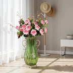 SOGA 51cm Green Glass Tall Floor Vase with 12pcs Pink Artificial Fake Flower Set