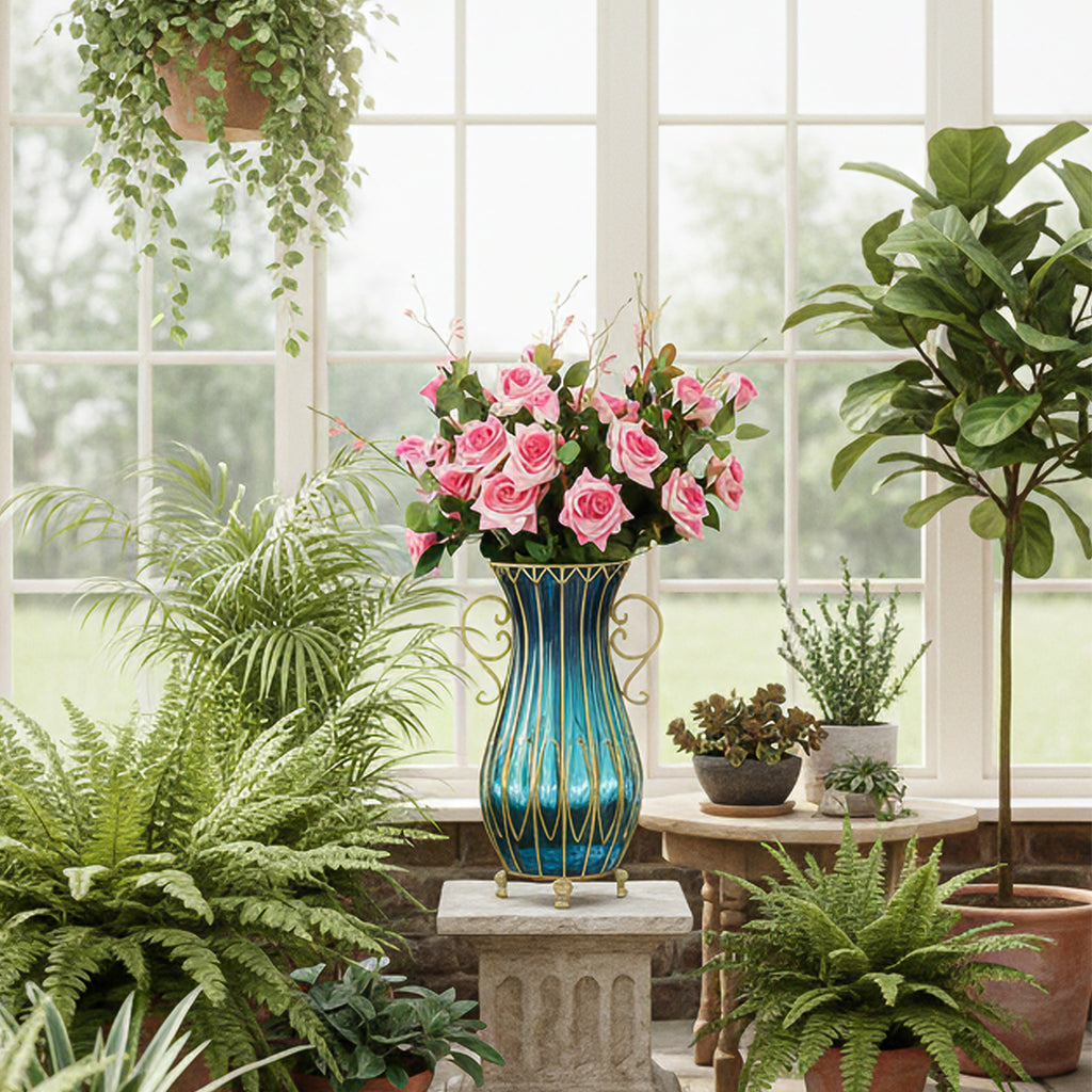 SOGA 51cm Blue Glass Tall Floor Vase with 12pcs Pink Artificial Fake Flower Set