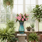 SOGA 51cm Blue Glass Tall Floor Vase with 12pcs Pink Artificial Fake Flower Set