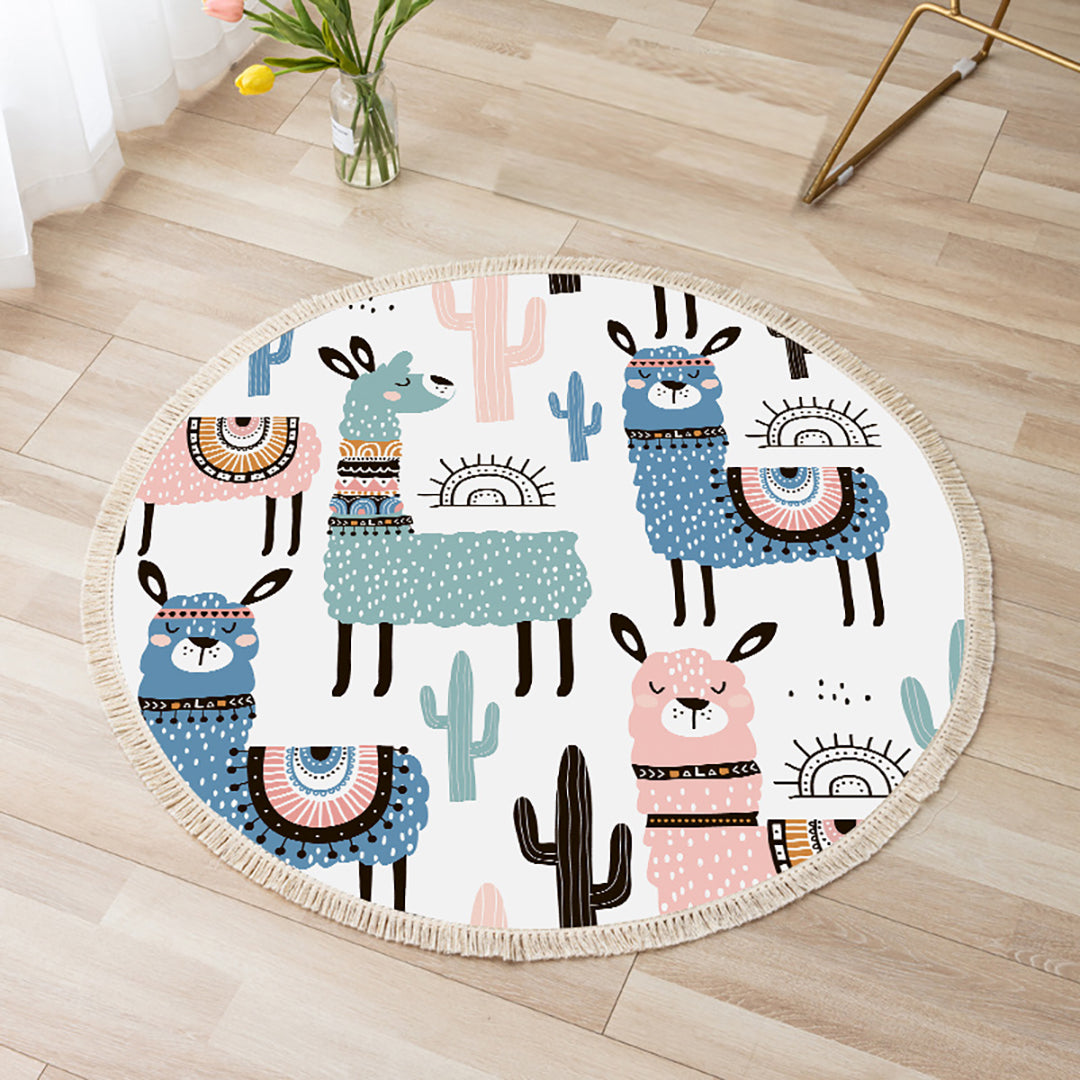 SOGA 2X 120cm Alpaca Cactus Pattern Rug Desert Animals Non-Slip Round Area Rugs for Living Room Dining Room