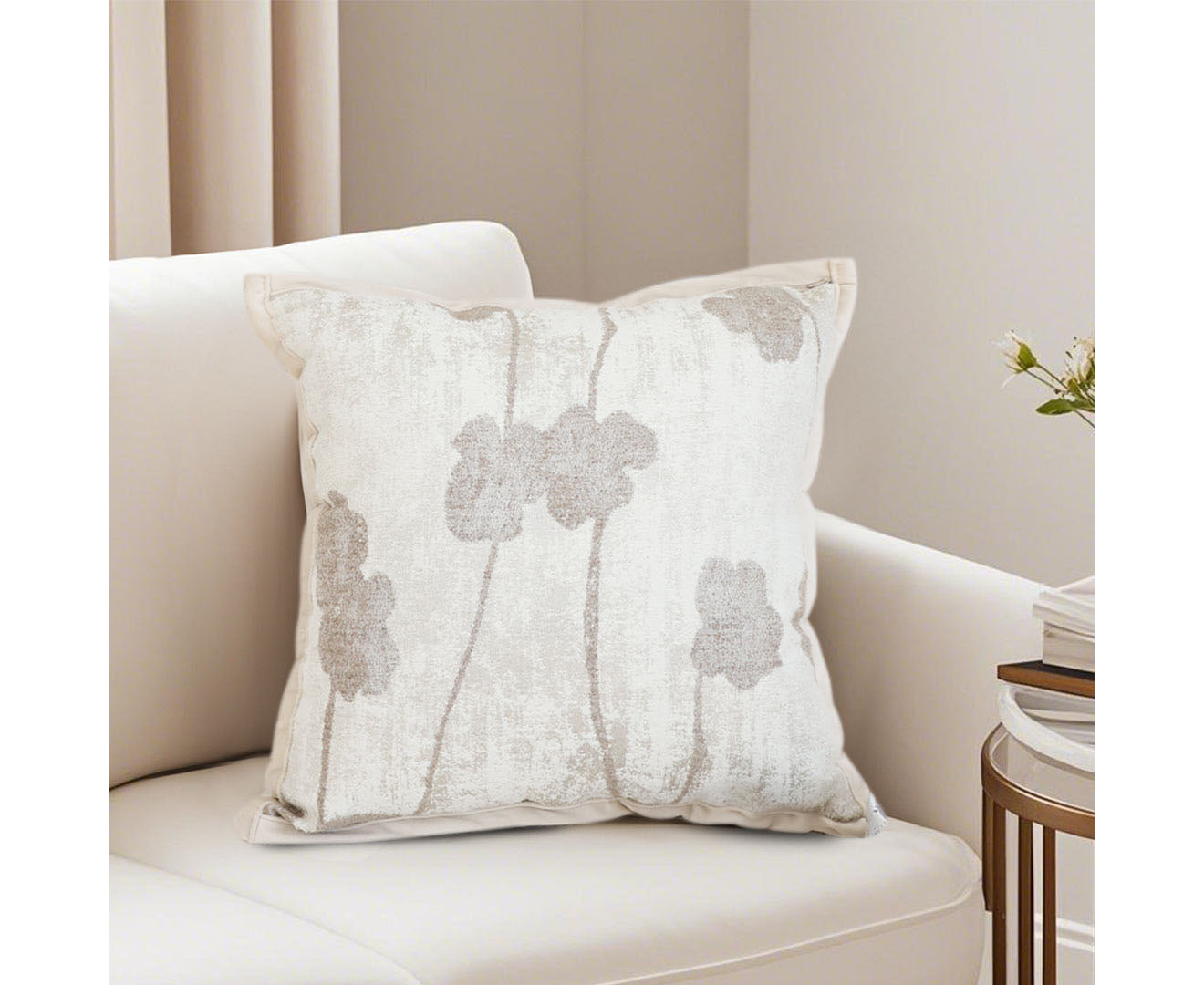 SOGA 45cm Botanical Beige Poppy Flower Print Linen Decorative Throw Pillow