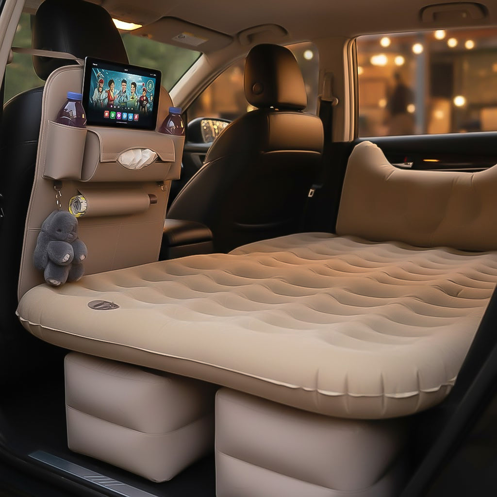 SOGA Car Bundle E – White Back Seat Storage Organizer & Beige Honeycomb Inflatable Mattress