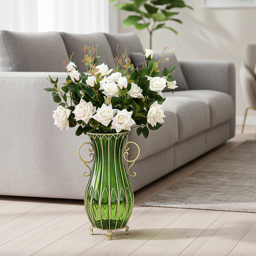 SOGA 51cm Green Glass Tall Floor Vase with 12pcs White Artificial Fake Flower Set