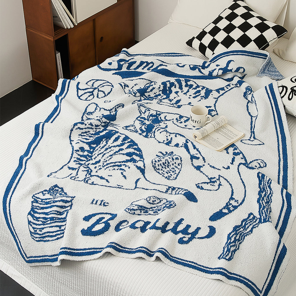 SOGA Off-White Cat Print Throw Blanket 130x160cm Polyester