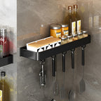 SOGA 2X 50cm Black Wall-Mounted Rectangular Kitchen Spice Storage Organiser Space Saving Condiments Shelf Rack with Hooks