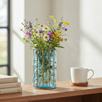 SOGA Blue Colored European Glass Cylinder Flower Vase with Gold Metal Pattern