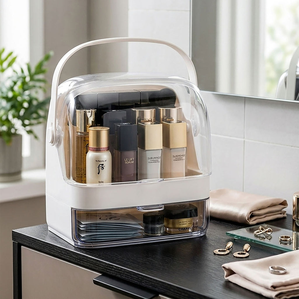 SOGA 2 Tier White Countertop Makeup Cosmetic Storage Organiser Skincare Holder Jewelry Storage Box with Handle