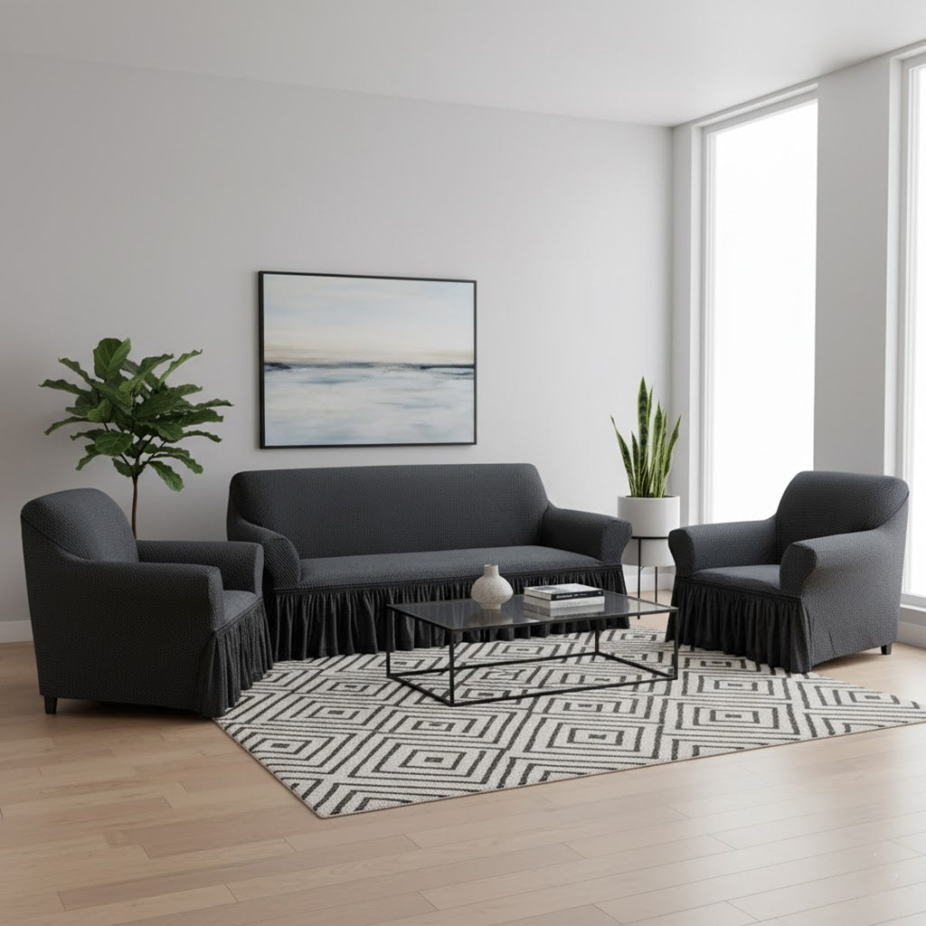 SOGA Home & Living Bundle – 2 Dark Grey 1-Seater & 3-Seater Sofa Covers with Ruffled Skirt