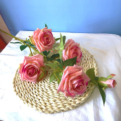 SOGA Green Colored Glass Flower Vase with 6 Bunch 5 Heads Artificial Fake Silk Rose Home Decor Set