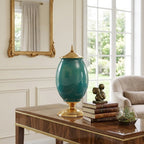 SOGA 2x 40cm Ceramic Oval Flower Vase with Gold Metal Base Green