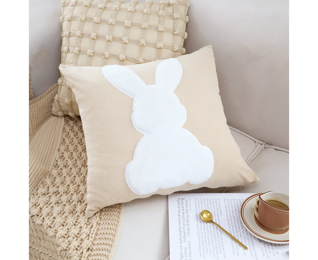 SOGA 2X 45cm Throw Pillow Light Tan Square Cushion with Soft White Rabbit Design Decorative Home Decor