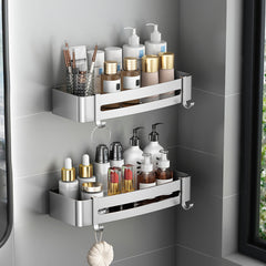 SOGA 2X Silver Wall-Mounted Rectangular Bathroom Storage Organiser Space Saving Adhesive Shelf Rack with Hooks