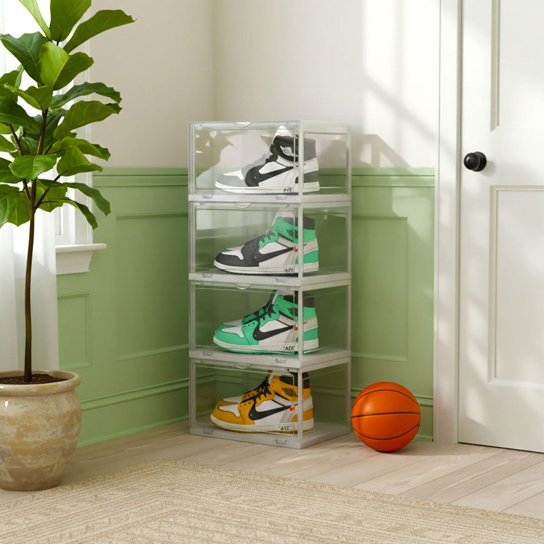 SOGA 2X 4 Tier Transparent Portable Shoe Organiser Sneaker Footwear Folding Plastic Bin Stackable Storage Box with Magnetic Door