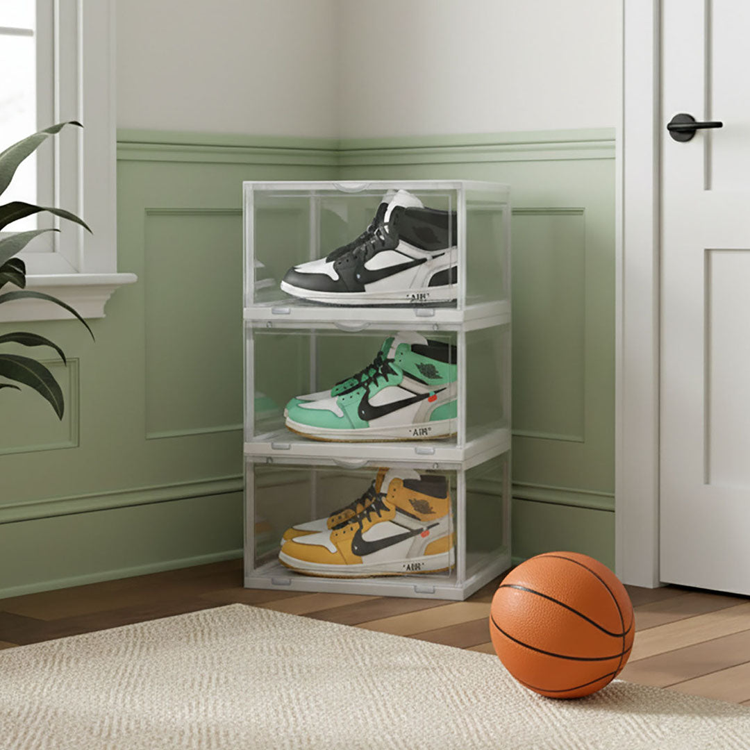 SOGA 3 Tier Transparent Portable Shoe Organiser Sneaker Footwear Folding Plastic Bin Stackable Storage Box with Magnetic Door