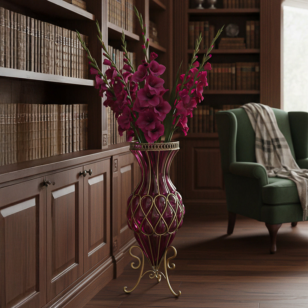 SOGA 67cm Purple Glass Tall Floor Vase with Metal Flower Stand