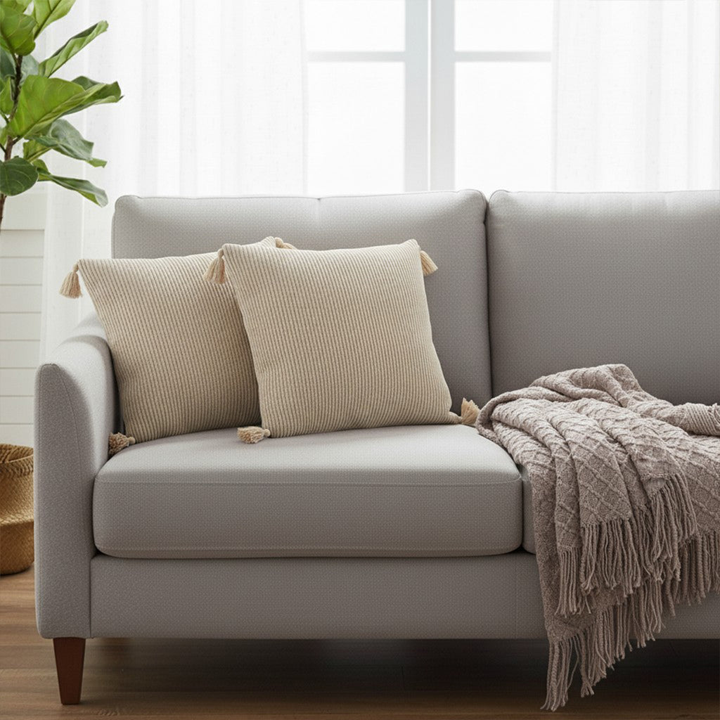 SOGA Home & Living Bundle – 2 Khaki Wabi-Sabi Tassel Pillows & Coffee Knitted Blanket