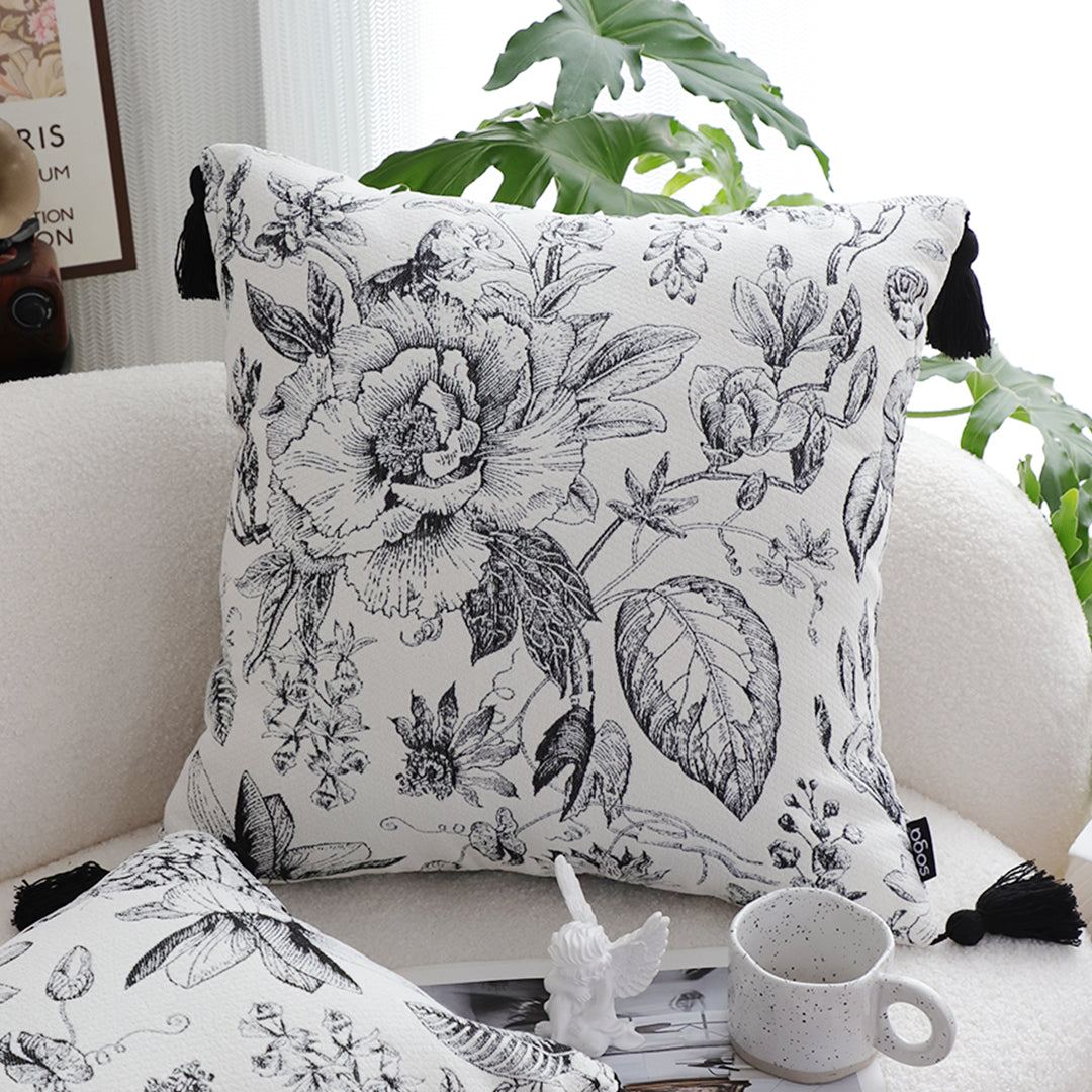 SOGA 2X 50cm Throw Pillow  Black and White Elegant Floral Print with Tassel Accents Home Decor
